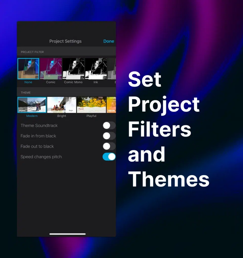 iMovie iPhone app Project Settings screen with the text “Set Project Filters and Themes” on the right-hand side of the image.