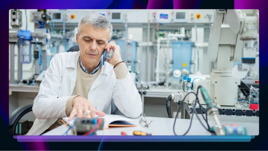 A scientist in a white lab coat dictating notes into a phone.