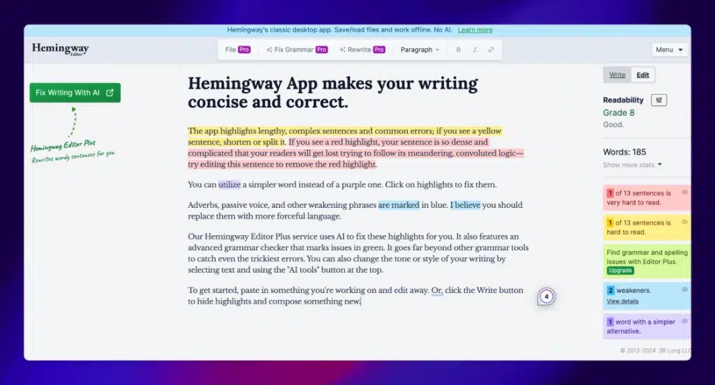 The Hemingway App homepage.