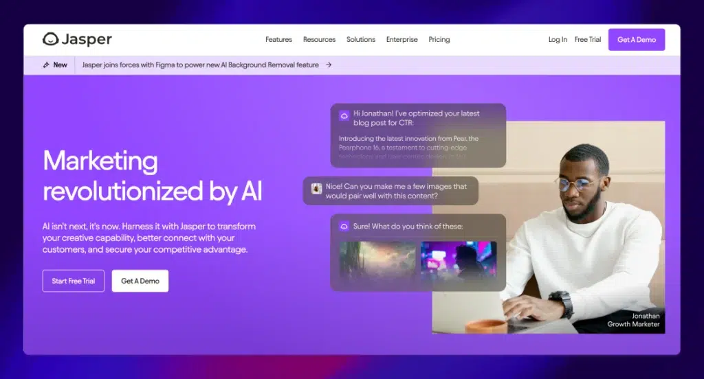 The Jasper homepage with a header that reads “Marketing revolutionized by AI.