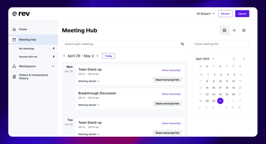 The Upcoming Rev Notetaker Meeting Hub