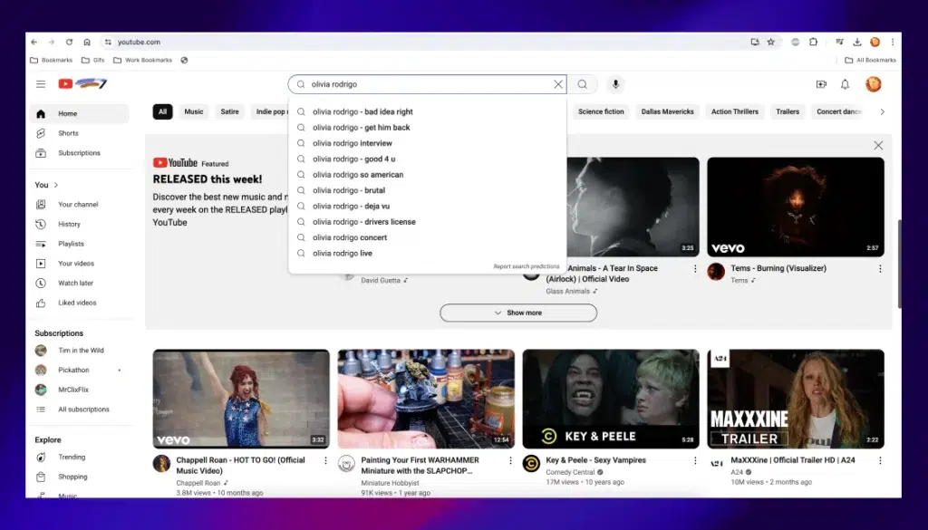 A screenshot demonstrating the search function on YouTube.
