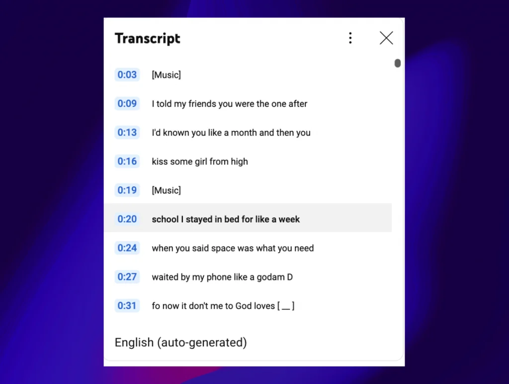 An example of a YouTube video transcript.
