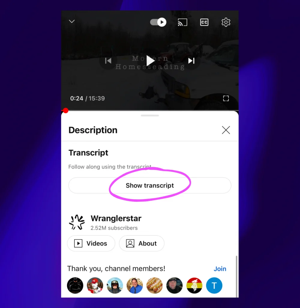 A screenshot showing where to see a video transcript on YouTube mobile.