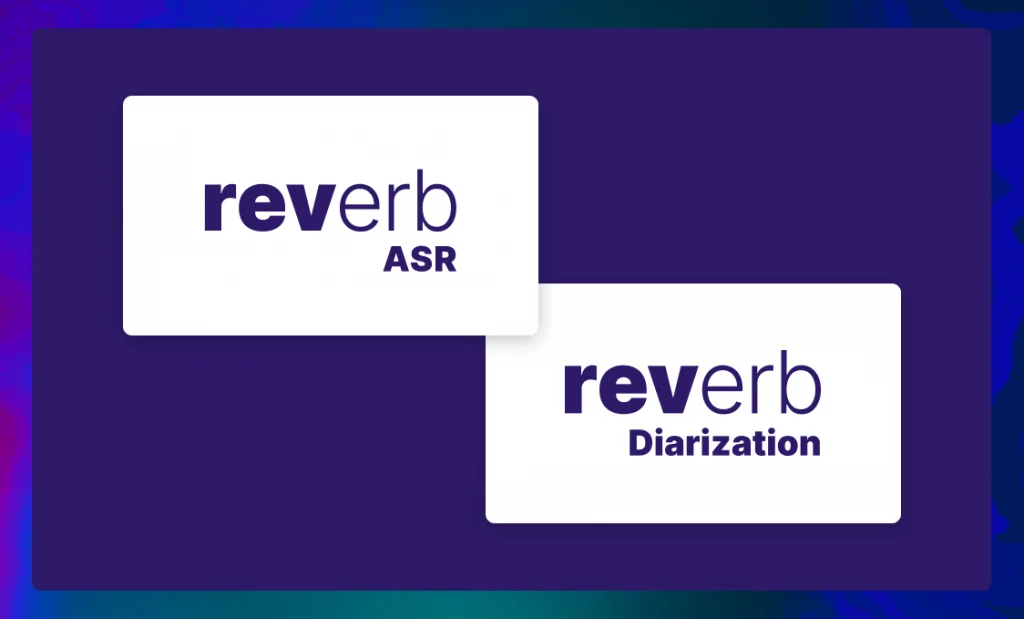 Logos of Reverb ASR and Diarization, representing Rev’s new open-source models overlapping on a purple background.